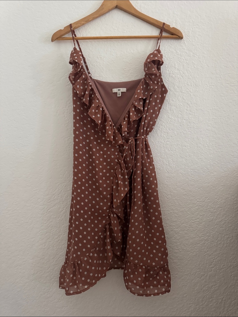bp Dusty Rose Polka Dot Ruffle Wrap Mini Dress